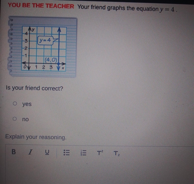 GUYS I NEED HELP!!! your friend graphs the equation y = 4. is your friend correct-example-1