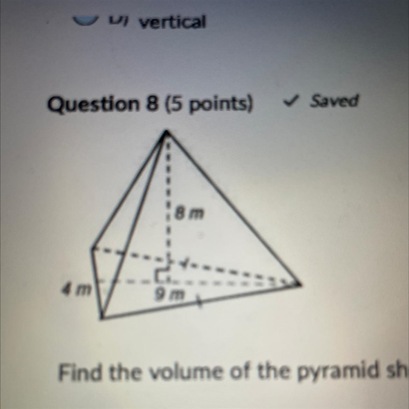 Find the volume of the pyramid shown. A) 288 m³ B) 144 m³ C) 48 m³ D) 96 m³-example-1