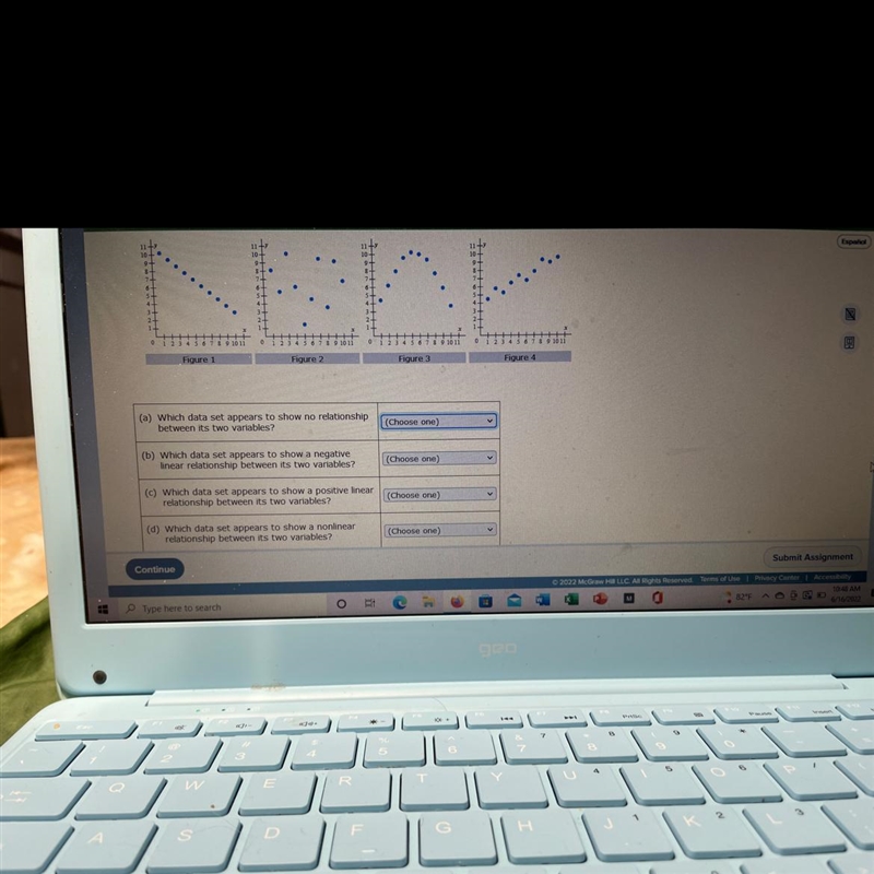 (A) which data set appears to show no relationship between it's to variable choose-example-1