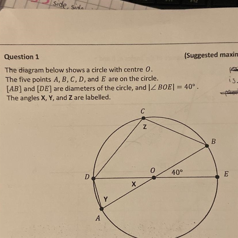 Geometry 1. The size of angle x 2. The size of angle y 3. The size of angle z-example-1