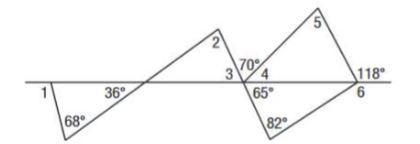 Use the figure below to answer questions #18 - #21. 18. ∠1 = ___° 19. ∠2 = ___° 20. ∠3 = ___° 21. ∠5 = ___°-example-1