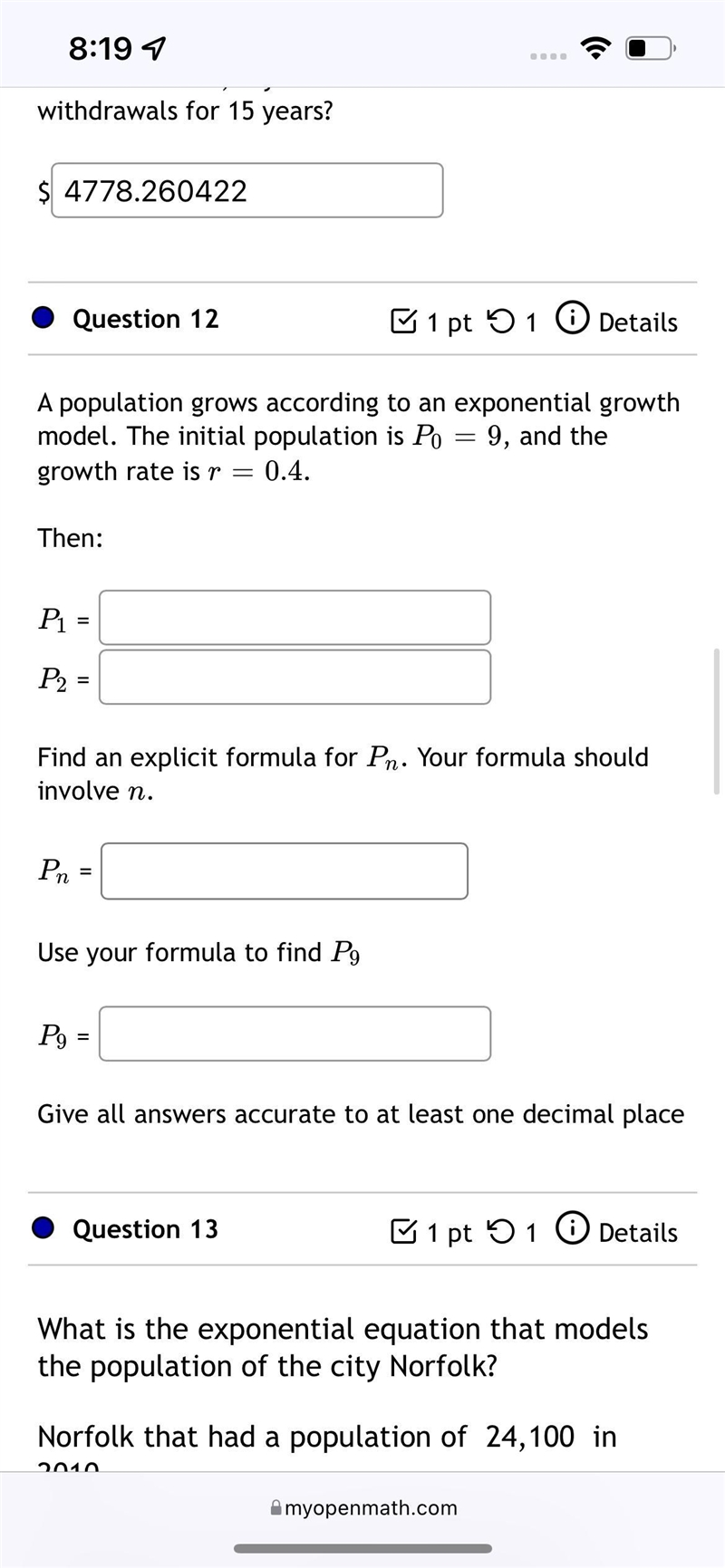 A population grows according to an exponential growth model. The initial population-example-1