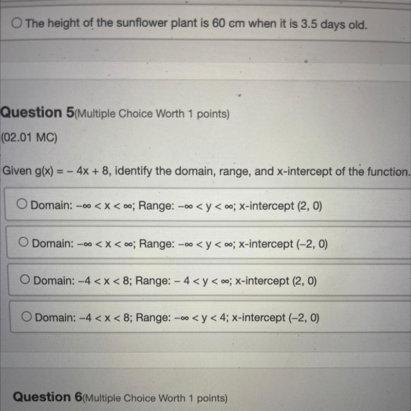 Given g(x)=-4x+8, identify the domain, range, and x-intercept of the function. please-example-1