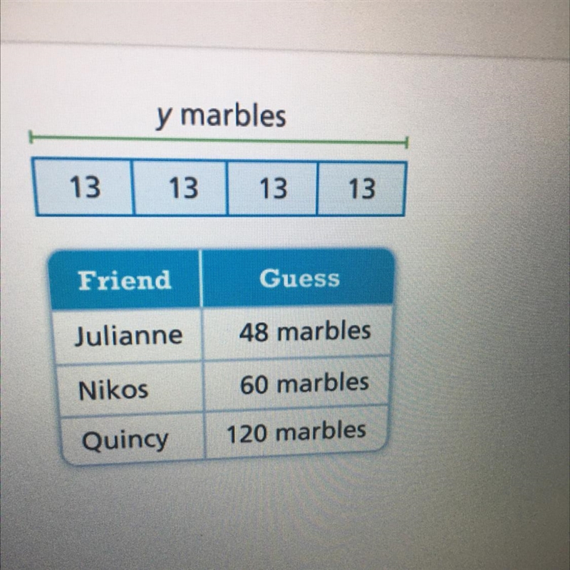 Can someone plz help me! Anthony has a total of y marbles and 4 boxes. He puts 13 marbles-example-1