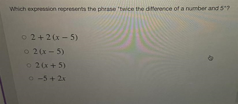 Which expression represents the phrase “twice the difference of a number and 5” ?-example-1