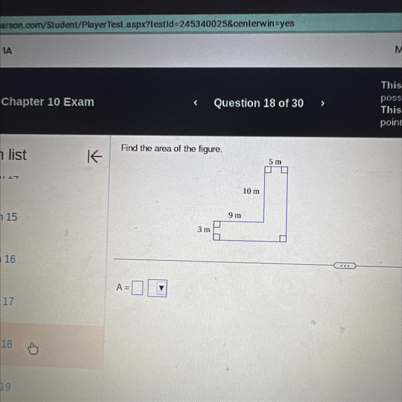 K Find the area of the figure. A= 3 m 9m 10 m 5m-example-1