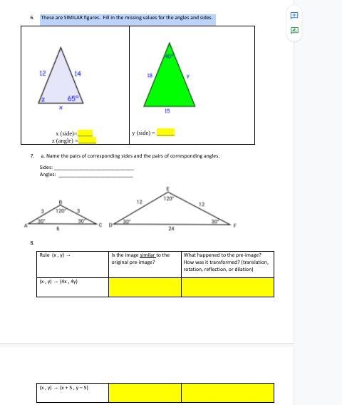 These are SIMILAR figures. Fill in the missing values for the angles and sides. a-example-1