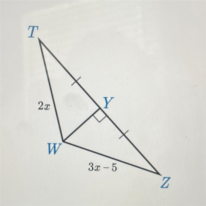 T 2x W Y 3x-5 7. Part A Find the value of x. (1 point) Ox=1 Ox=5 Ox=19 Ox=37 Z-example-1