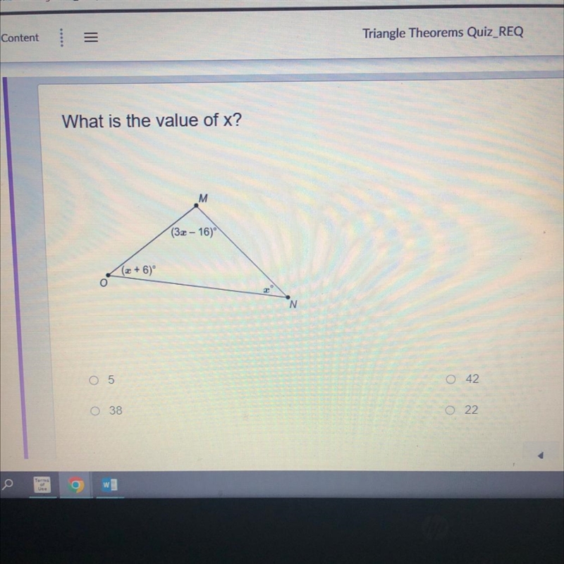 What is the value of x? 5 42 38 22-example-1