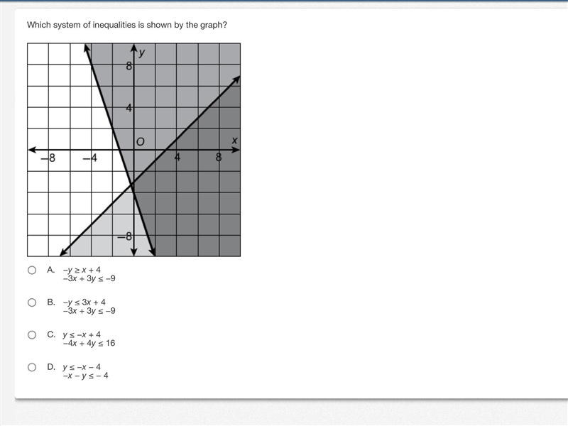 Which system of inequalities is shown by the graph?-example-1