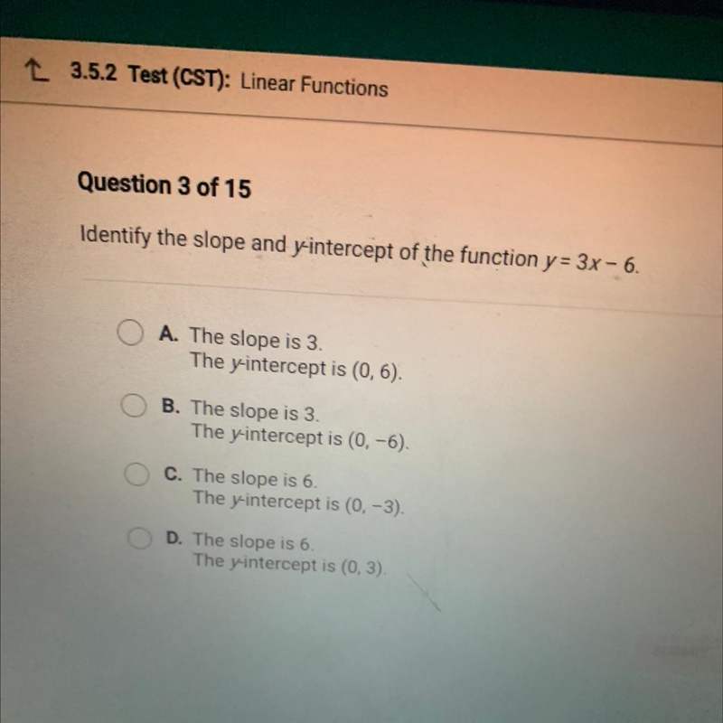 Identify the slope and y-intercept of the function y = 3x - 6.-example-1