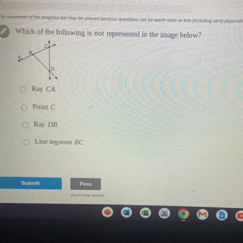 Which of the following is not represented in the image below? O Ray CA O Point C O-example-1