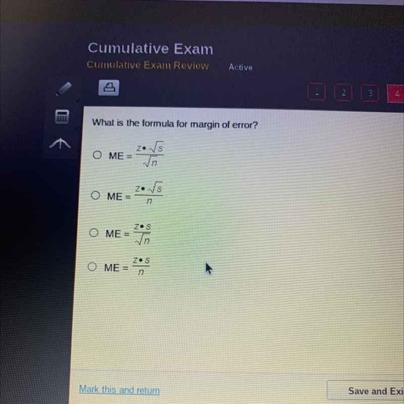 A What is the formula for margin of error? ZON'S O ME= √s O ME= O ME= Ο ΜΕ = Z NS-example-1