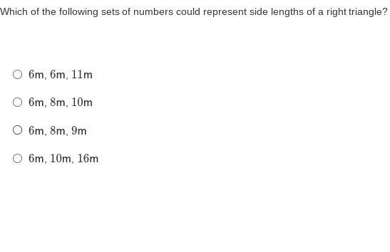 Which of the following sets of numbers could represent side lengths of a right triangle-example-1