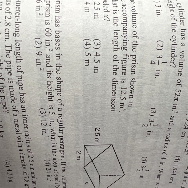 The volume of the triangular prism is 12.5 m³. The length is 2.5 m and the base is-example-1