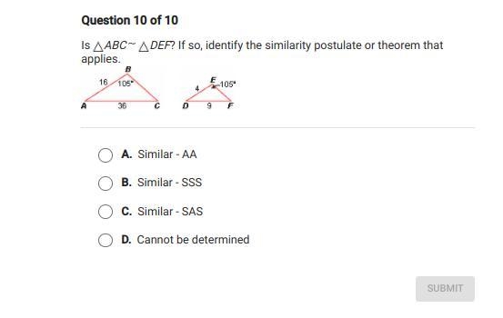 Is ABC~ DEF? If so, identify the similarity postulate or theorem that applies.-example-1