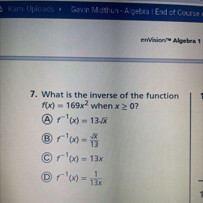 What is the inverse of the function f(x) = 169x² when x > 0?-example-1