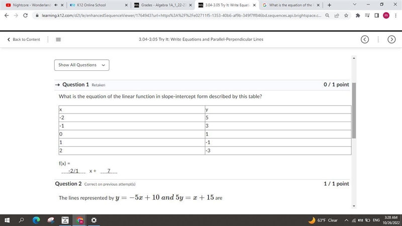 What is the equation of the linear function in slope-intercept form described by this-example-1