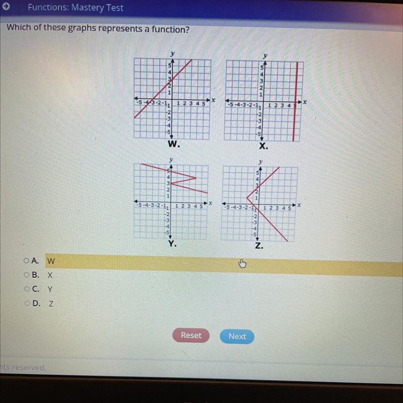 Select the correct answer. Which of these graphs represents a function?-example-1