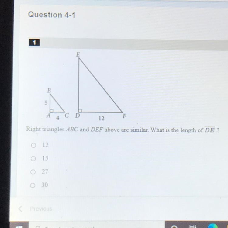 Right triangles ABC and DEF above are similar. What is the length of DE ?-example-1