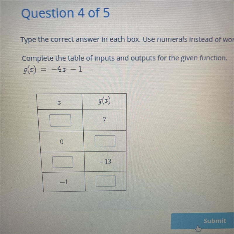 Complete the table of inputs and outputs for the given function. g(x)=-4x-1-example-1