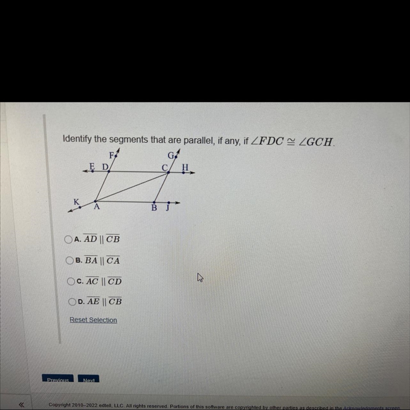 Identify the segments that are parallel if any FDC AND GCH.-example-1