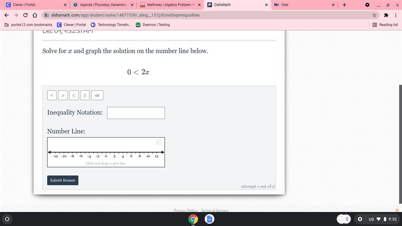 Solve for xx and graph the solution on the number line below.0\lt0<\,\,2x2x Inequality-example-1