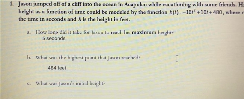 4.5 Quadratic Application Word Problemsa1. Jason jumped off of a cliff into the ocean-example-1