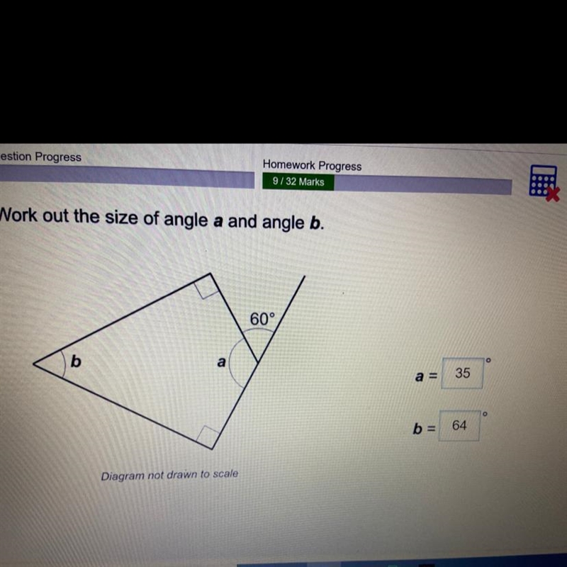 Work out the size of angle a and angle b. 60° b a Diagram not drawn to scale a = b-example-1