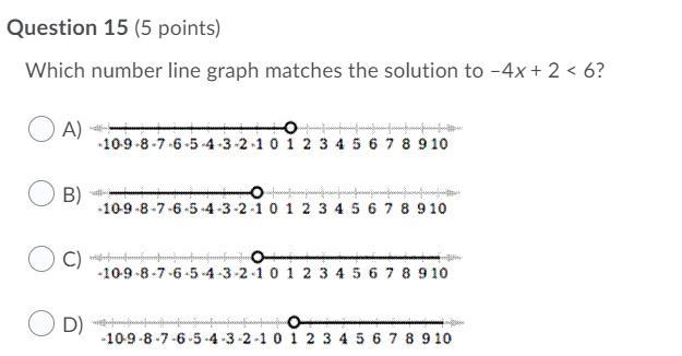 Which number line graph matches the solution to –4x + 2 < 6?-example-1