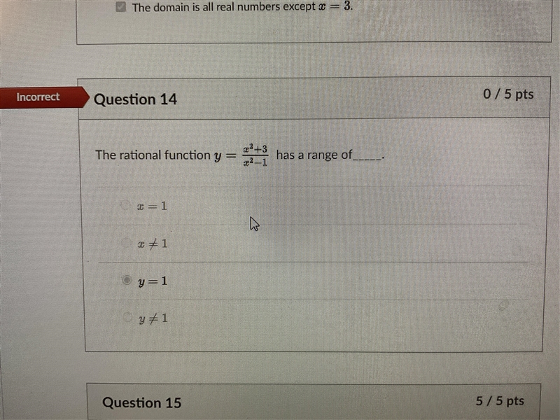 The rational function y= x2+3 over x2-1 has a range of (blank)-example-1