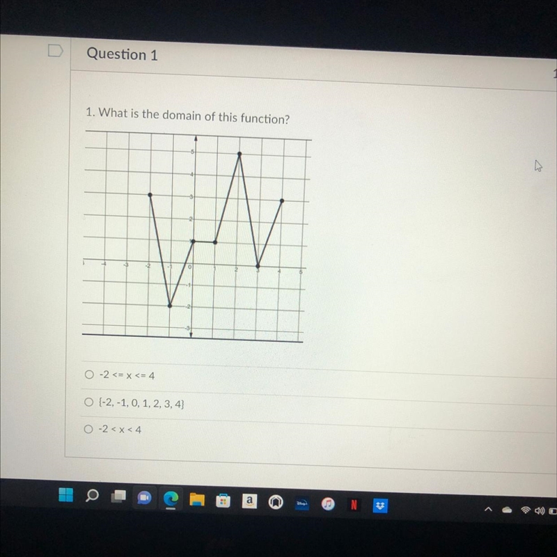 1. What is the domain of this function? O-2 O(-2,-1, 0, 1, 2, 3, 4) 02x1-example-1