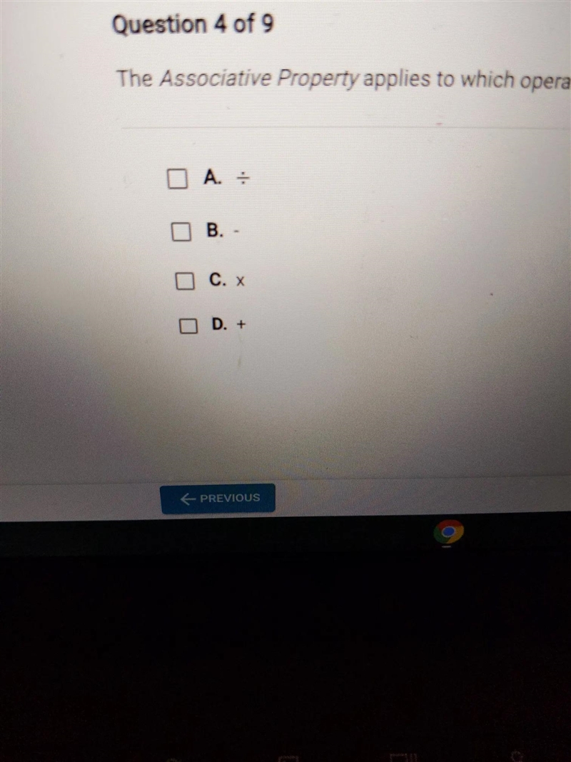 The Associative Property applies to which operations? Check all that apply.-example-1