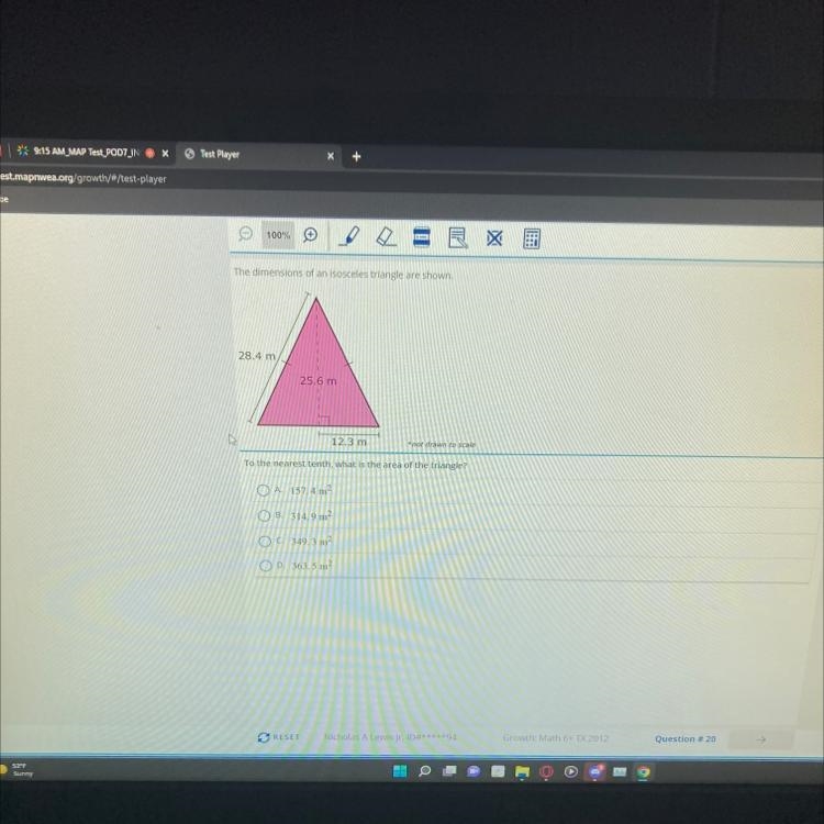 The dimensions of an isosceles triangle are shown. 28.4 m 25.6 m 12.3 m *not drawn-example-1