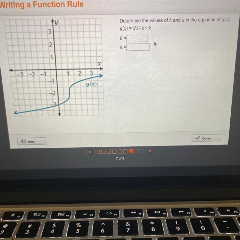 Determine the values of h and k in the equation of g(x). g(x) = 3/x-n+k h = k=-example-1