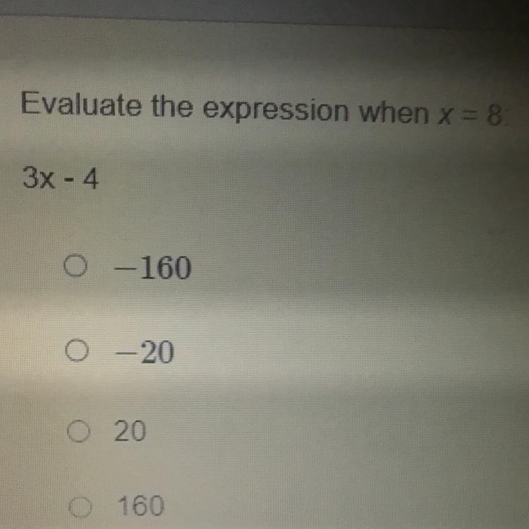 Evaluate the expression when x=8: 3x - 4-example-1