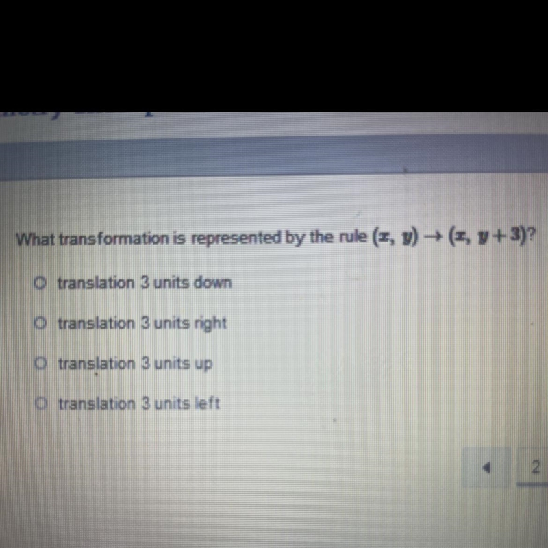 What transformation is represented by the rule (1, y) → (1, y+3)? O translation 3 units-example-1