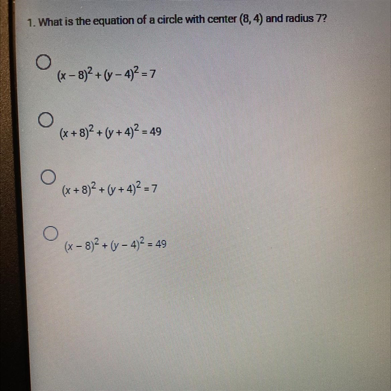 What is the equation of a circle with center (8,4), and radius 7?-example-1