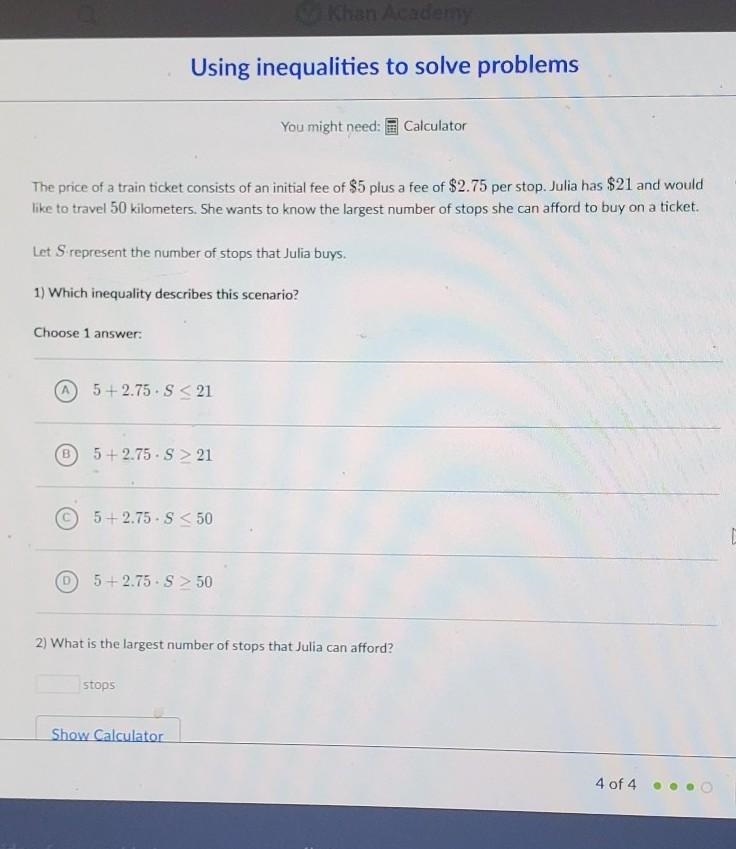 Using inequalities to solve problems The price of a train ticket consists of an initial-example-1