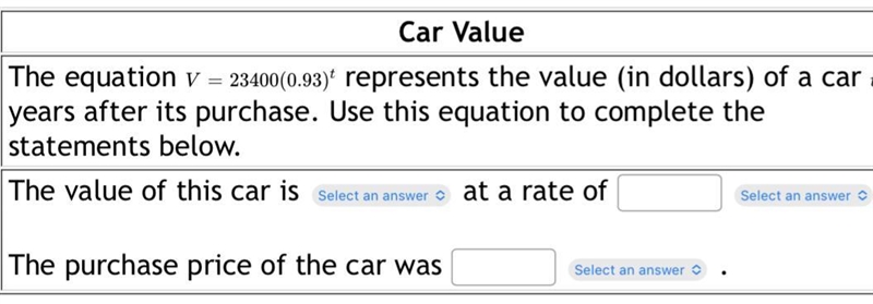 The equation V=23400(0.93)t represents the value (in dollars) of a car t years after-example-1