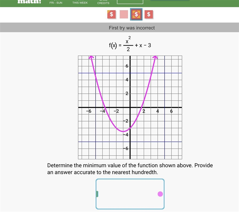 F(x)=x^2/2 +x-3 what’s the minimum value?-example-1