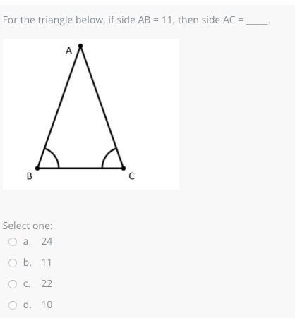 For the triangle below, if side AB = 11, then side AC = _____.-example-1