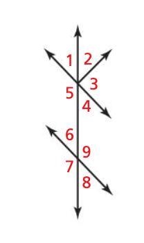 PLEASE HELP!! List a pair of vertical angles, then state the relationship between-example-1