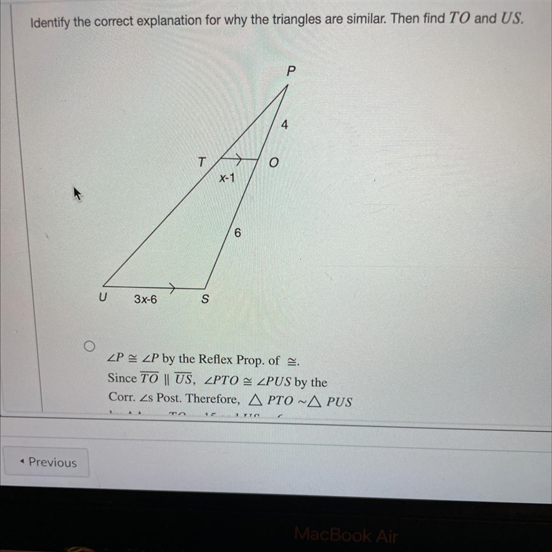 Identify the correct explanation for why the triangles are similar. Then find TO and-example-1