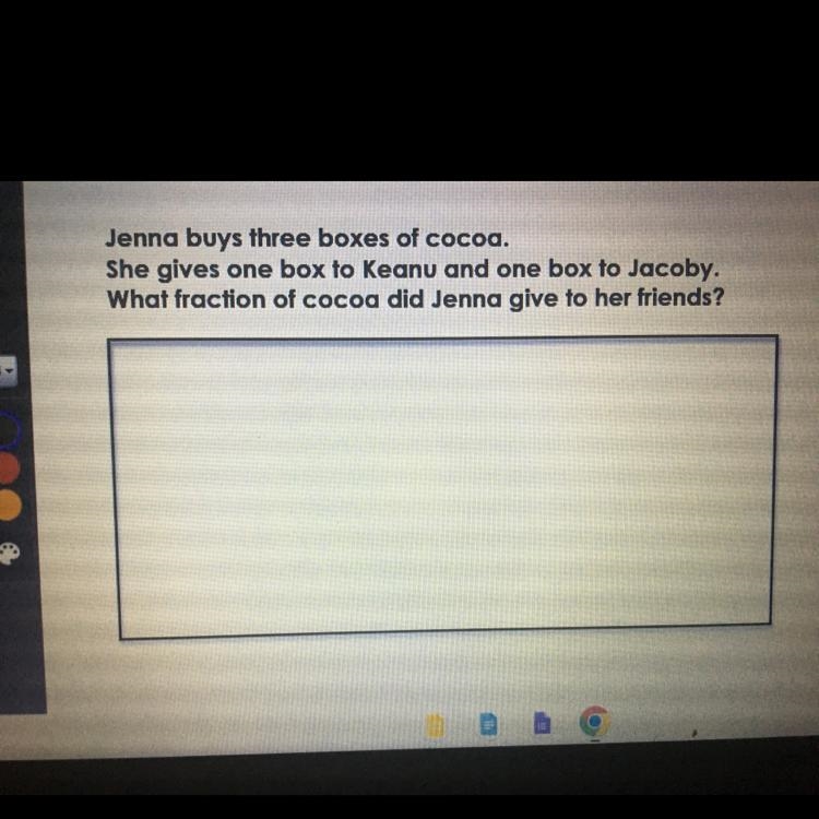 Jenna buys three boxes of cocoa. She gives one box to Keanu and one box to Jacoby-example-1