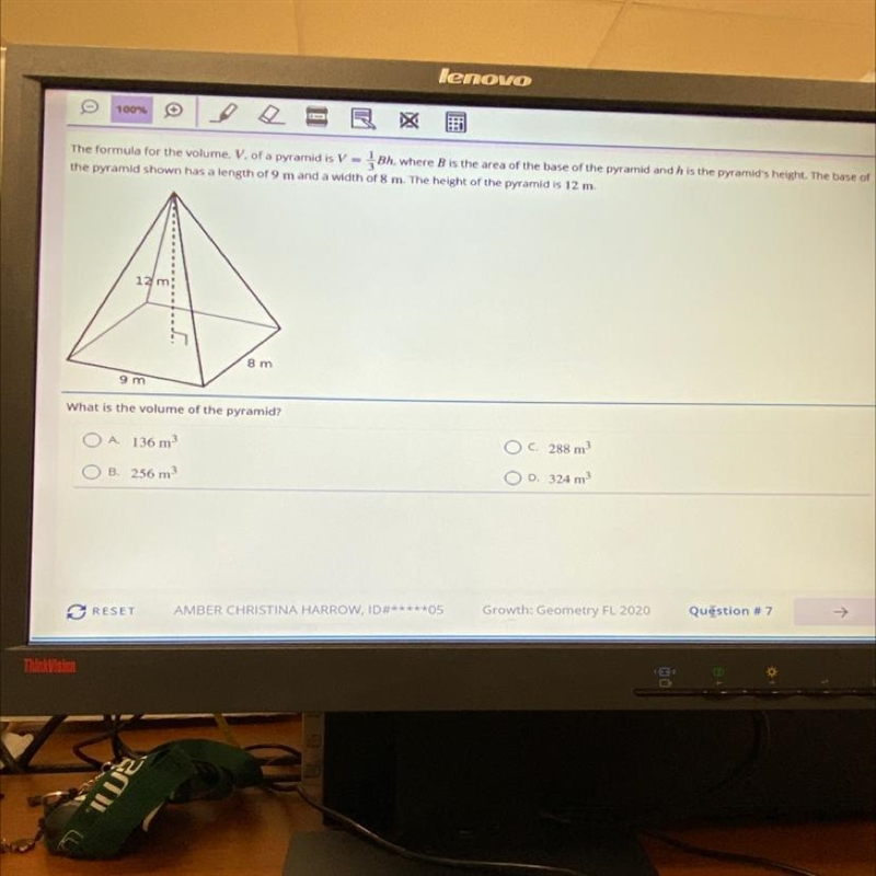 The formula for the volume, v, of a pyramid is v= 1/3 bh, where b is the area of the-example-1