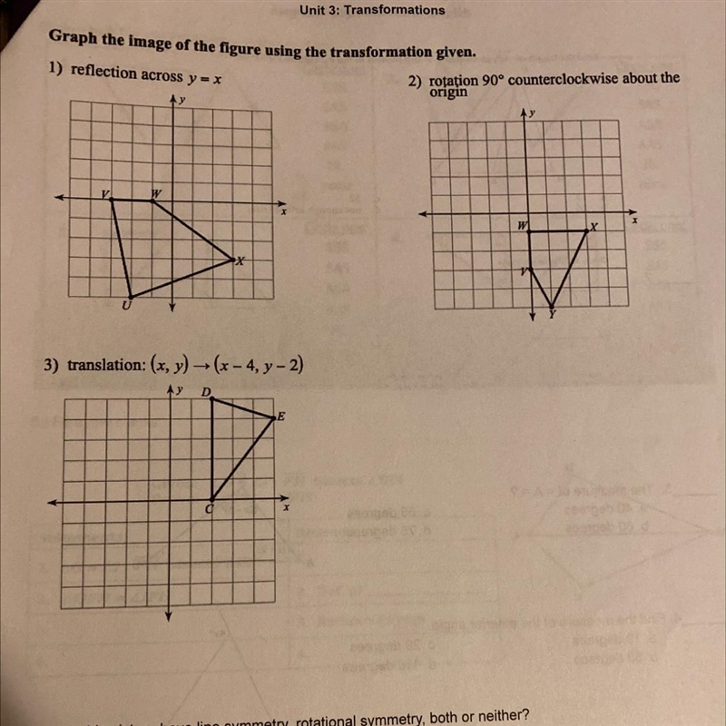 Translations 1) reflect across y=x 2) rotation 90degrees counterclockwise 3) translation-example-1