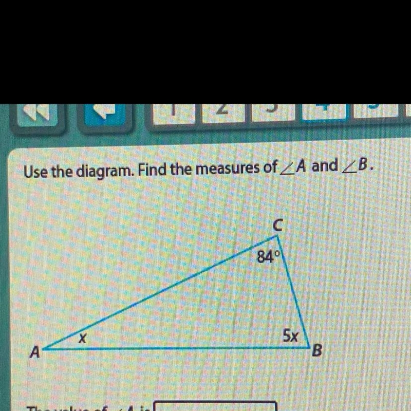 Use the diagram. Find the measures of _A and B. 840 5x A B-example-1