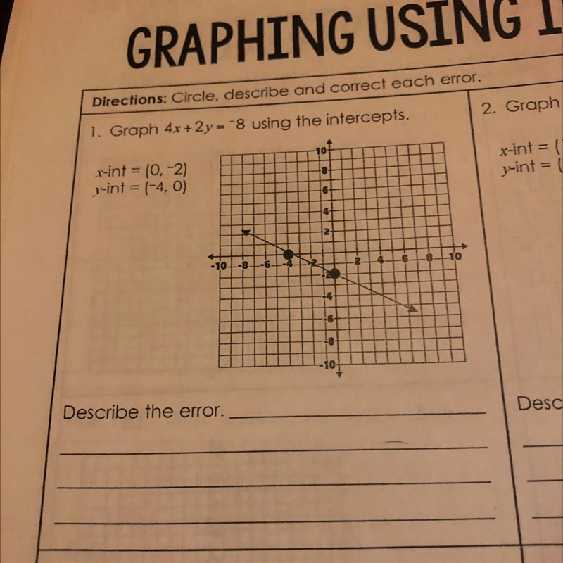 Circle describe and correct each error.X-int = (0,-2)Y-int = (-4,0)-example-1