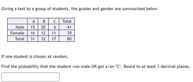 Giving a test to a group of students, the grades and gender are summarized below ABCTotalMale-example-1